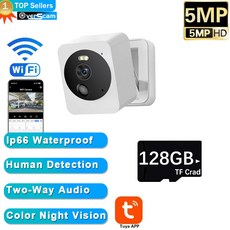 투야 스마트 미니 와이파이 IP 카메라 실내 무선 홈 보안 AI 인간 감지 CCTV 감시 블록 카메라 5MP 방수, 1개, 01 1PCS Add 128GB Card, 1) 1PCS Add 128GB Card - EU 플러