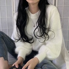 가을 겨울 벌룬 소매 아이보리 라쿤 앙고라 스타일 니트