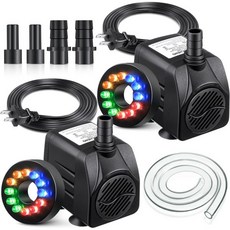 2팩 15W 220GPH LED 조명이 12개 있는 수중 분수 워터 펌프 13mm 및 8mm 스프레이 노즐이 수족관 수조 피처 연못 홈 동상 정원용 튜브 9.8피트, 10W Submersible Pump