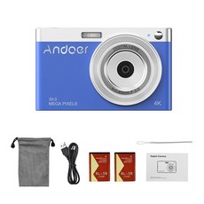 줌카메라 Andoer-컴팩트 4K 디지털 카메라 비디오 캠코더 50MP 2.88 인치 IPS 스크린 자동 초점 16X, 04 Blue_02 with 16GB Card, 1개