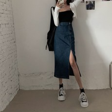 로즈센트 데님 여성 여름 봄가을 A라인 힙랩 트임롱스커트 디자인 감각 보이핏 볼륨, 디프블루 색깔 데님스커트 M100 -