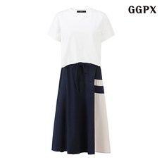 GGPX 허리 밴딩 배색 포인트 반팔 롱 원피스 GOBOW062D