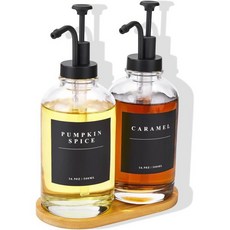 커피 바용 시럽 디스펜서 펌프 블랙 업그레이드 펌프가 포함된 유리 병 16.9온스 500ml 2팩 라벨 28개 및 대나무 트레이, Black of 2, Small Capacity Pump