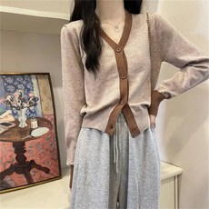 여름린넨자켓 여성 남성 조끼 반팔 오버핏 빈티지 콘트라스트 v넥 니트 가디건 재킷 여성 가을 신제품 짧