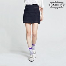 앳코너 네이비 스티치 장식 A라인 미디스커트