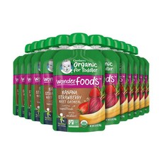 Gerber 이유식 파우치 유아 WonderFoods 바나나 딸기 비트 및 오트밀 99.2g(3.5oz) (12팩), Gerber 이유식 파우치, 유아, WonderFood, 99g, 12개