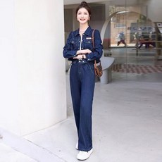 엔티랄라 봄가을 여성 투피스 데님 슈트 캐주얼한 긴팔 칼라 칼라 면 원단 와이드 팬츠 편안한 박시하게 날씬해 보이는 스타일리시한 고급스러운
