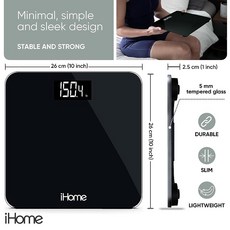 IHome 디지털 스텝 온 욕실 저울 고정밀 체중계 LCD 디스플레이로 배터리 전원 공급 홈 체육관에 적합 179.6kg(370파운드) (블랙), IHome 디지털 스텝 온 욕실 저울 고정밀 체중계 L