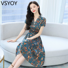 vsyoy 작은 젊은 여름 V-목 유행 원피스 반팔 우아한 빛 성숙한 프랑스 스타일 차 브레이크 꽃 치마