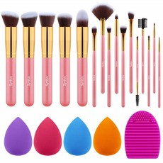 by Syntus 16 Makeup Brushs & 4 Blender Sponges 1 Brush Cleaner Premium Synthetic Foundation Powder 가부키 블러쉬 컨실러 아이 섀도우 메이크업 브러쉬 키트 골든 핑크, 1개