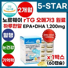 노르웨이 노르딕 rtg 알티지 오메가3 혈행 혈액순환 눈건강 기억력 개선 도움 식 약 처 인증 ifos 5star 하루 한알 먹는 epa dha 1200 프리미엄 고순도 오메가3 1박스 60캡슐