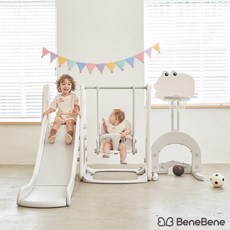 베네베네 헬로 디노 프리미엄 안전가드 유아 아기 미끄럼틀 그네, 풀세트, 화이트 + 그레이