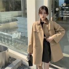 빈티지 가죽 칼라 콤비 트렌치코트 프렌치 루스한 카키 코트