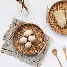 [해외] 등나무 빵 바구니 저녁 식사 파티를위한 손잡이와 라운드 짠 차 트레이 커피 아침 식사 (8.7 인치) cnim hot, 상세내용표시
