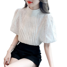 셀럽당 여름 라운드 반팔 레이스 블라우스 여자 자수 퍼프 톱O0404