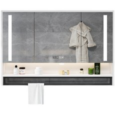 욕실슬라이드장 조명 LED 장식장 거울장 젠다이 선반장, 80CM 시멘트 회색 일반형, L.타월구멍이있는80CM달빛흰색일반거울캐비닛