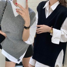 심플 데일리 루즈핏 브이넥 여성 니트 조끼 베스트