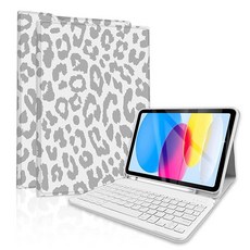  USA배송 TopPerfekt 아이패드 10세대 10인치2022 케이스 블루투스 키보드 포함분리형 충전식 자석 부착 자동 최대 절전 모드웨이크 강화 필름 2개가 있는 펜슬 홀더 블, 레오파드 그레이 
