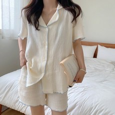 수엠W 여성 여름 요루 면 반팔 반바지 잠옷 세트