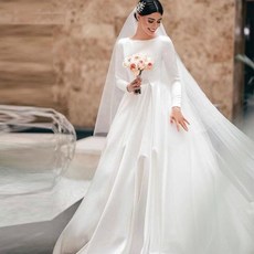 실크웨딩드레스 Vestidos De Novia 심플 빈티지 화이트 새틴 플러스 사이즈 긴팔 프린세사 신부 가운 맞춤 제작