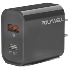 POLYWELL 寶利威爾 USB + Type-C 20W PD雙孔快充頭, 黑色, 1個