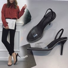 YZ 신발 여름 2019 스터드 힐 섹시 투명 일자 스트랩 블랙 샌들 Nx7w1r