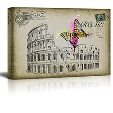 wall26 - Sketching of Roma with a Brightly Splashed Butterfly - Canvas Art Home (32x48" Butterfly), 32x48", Butterfly