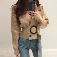 위코브 브이넥 두줄 버튼 베이직 니트 가디건(벨트포함)