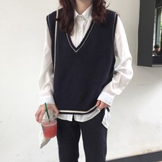 니트베스트 봄가을 학원 무드 와이드 루즈핏 JK 자주색 핏아우터 민소매 나시