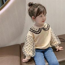 여아 레이스 카라 도트무늬 티셔츠 시스루 소매 포인트