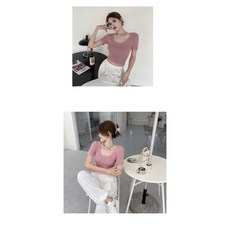 방송댄스복 줌바 에어로빅복 여성 짧은 반팔 라운드 넥 티셔츠 배꼽티 슬림 댄스복, 핑크