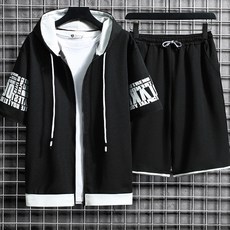 아로하스타일 캐주얼 남성 반팔 후드집업 밴딩 반바지 트레이닝 세트 HP1 홈웨어룩