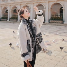 여성 겨울 집업 양 털 후리스 플리스 뽀글이 숏 자켓 아우터 스윗 체크 울 코트