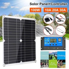 태양 전지 패널 듀얼 12V 5V USB 30A 컨트롤러 방수 태양 전지 캠핑 전화 자동차 요트 RV 배터리 충전기 100W, with 10A controller, 1개