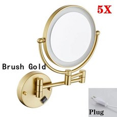 블랙 접이식 욕실 거울 벽걸이 더블 페이스 메이크업 확대, 17. brushed gold-plug-5X