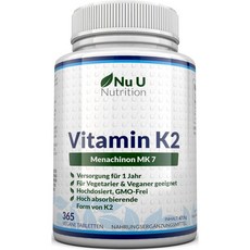 Nu U Nutrition 비타민 K2 MK7 200mcg 365 비건 정제 연간 량 Menac Hinon Mk7, 1개, 365정
