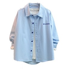 도오빠 미브나던 주니어 남아 캐주얼 남방 블루 긴팔 카라넥 셔츠 단추 레터링 깔끔 단정한 아들 봄 가을 상의 코디 패션~170