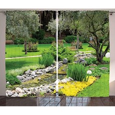 Garden Curtains Japanese Park Style Recreational View with Pond Grass Stones (108" X 96" Green), 108" X 96", Green