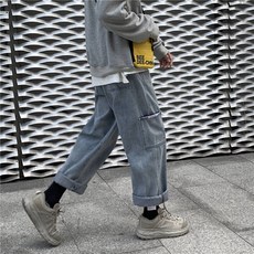 여자청바지 작업복 청바지 여성루즈핏 일자핏 bf학생 날씬해보이는 코디하기쉬운 털추가 2019와이드팬츠 가을겨울