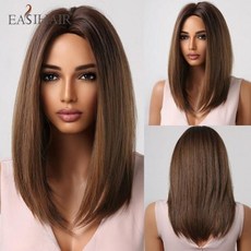 EASIHAIR 여성용 짧은 스트레이트 밥 가발 브래지어 골든 브라운 천연 합성 모발 데일리 코스프레 내열성, 없음