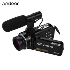 Andoer 4K 디지털 캠코더 + NP-40 리튬배터리 1개 + 0.45X 광각/마이크로렌즈 + 셋톱마이크, 블랙