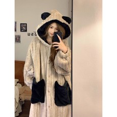 스트라이프 후드 곰돌귀 잠옷 가운