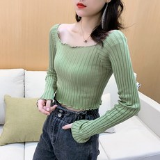 2021 봄 여성용 티셔츠 여성용 니트 티셔츠 긴팔 캐주얼 단추 스퀘어 칼라 티셔츠 여성용 티셔츠