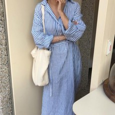 [유디코] 여성 빅사이즈 스트라이프 셔츠형 롱원피스