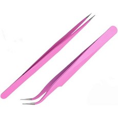 트위저 쪽집게 눈썹 정리 핀셋 속눈썹 연장 및 네일 아트 스티커 라인스톤 픽커 아크릴 젤 DIY 아트용 2PCS 스테인리스 스틸 스트레이트 커브드 팁 니퍼, 트위저 쪽집게 눈썹 정리 핀셋 속눈썹 연장 및 네일 아