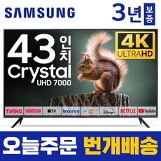삼성 43인치 TV 크리스탈 UHD 4K LED 스마트 티비 43TU7000 미러링 유튜브 넷플릭스 티빙, 방문설치, 벽걸이형