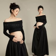 블랙 만삭 촬영 의상 오프숄더 투피스 임산부 주수 사진 옷