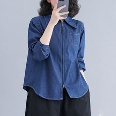 POMTOR 고급 블루 폴로넥 데님 셔츠 여 가을 루즈핏 집업 숏 셔츠