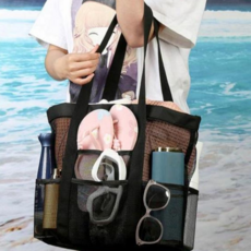 여성숄더백 수영장 물놀이 워터파크 멀티 포켓 메쉬 쇼퍼백, 블랙