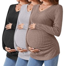 Ficerd 임산부 셔츠 3피스 긴소매 임산부 의류 브이넥 골지 핏 임산부 스웨터 겨울 보온 임산부 상의 브라운 라이트 그레이 블랙